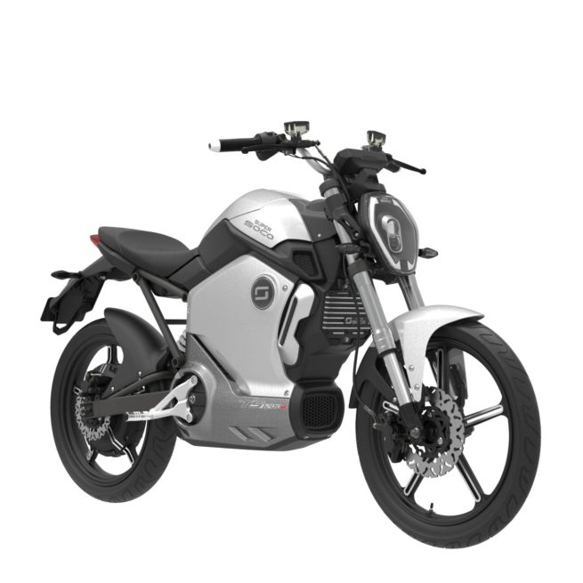 Moto électrique zero motorcycles super soco TS 1200R gris avant droite