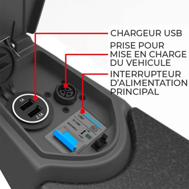 Masai Vision 3000 gros plan sur le chargeur USB, la prise de charge et l'interrupteur