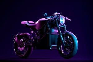 La Yatri Motorcycles Project Zero sur un fond sombre et violet