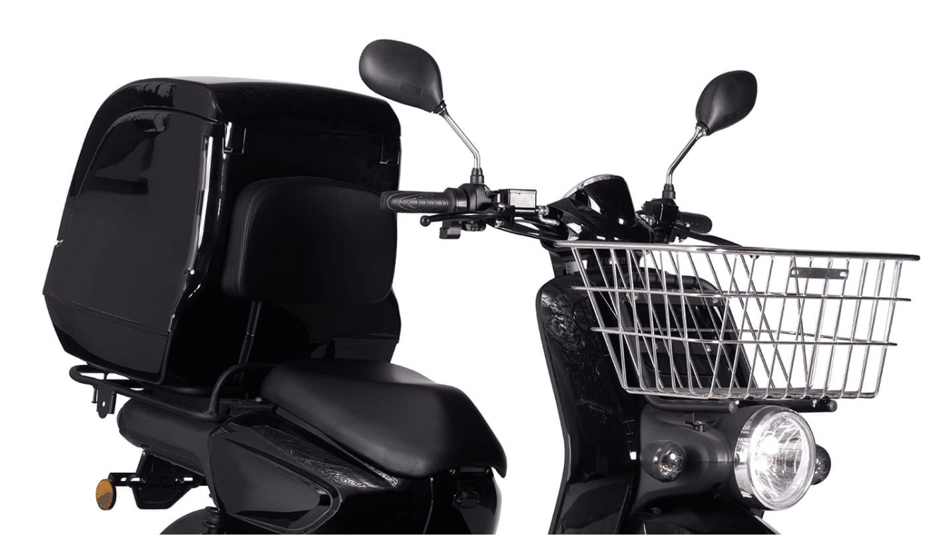 Scooter de livraison, avec top case et panier avant