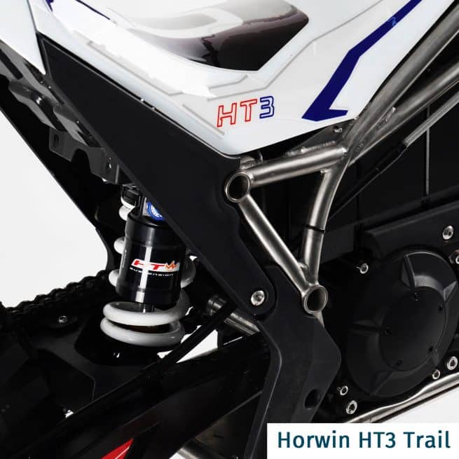 Horwin HT3 Trial gros plan sur l'amortisseur