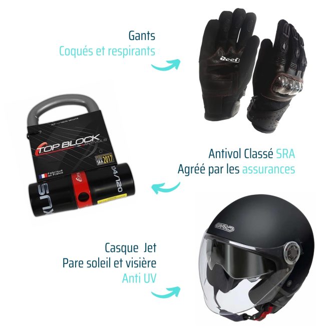 Pack sécurité scooter et moto électrique avec gants antivol et casque avec leurs caractéristiques