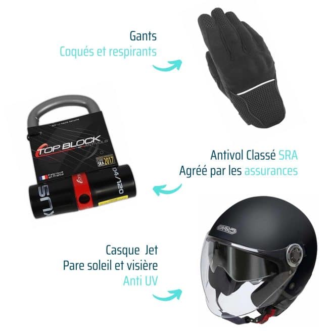 Pack sécurité GO2ROUES avec une paire de gants, un antivol classé SRA et un casque Jet