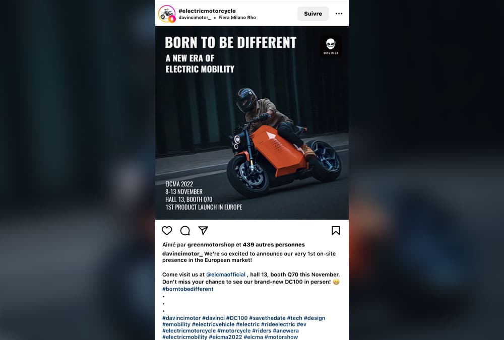 Annonce Instagram de Davinci quant à leur présence à la EICMA 2022