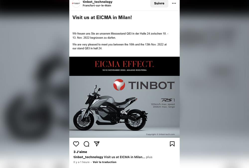 L'annonce Instagram de Tinbot pour leur présence à la EICMA 2022