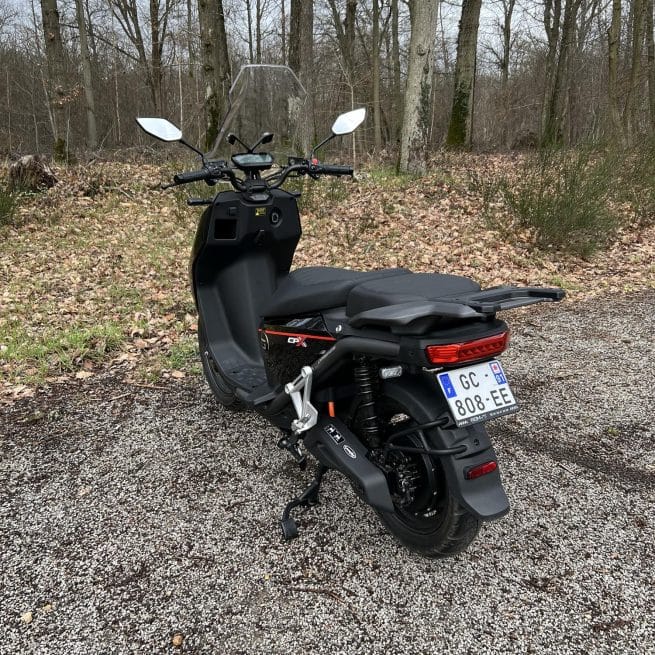 Super Soco CPX 140 km noir occasion 3329 km trois quart arrière gauche