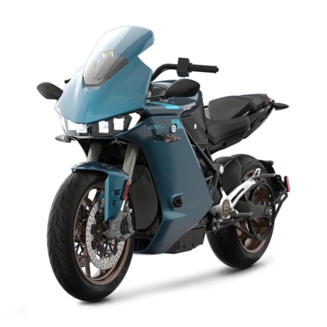 Zero Motorcycles Zero SR/S Riviera Metallic Cyan trois quart face gauche