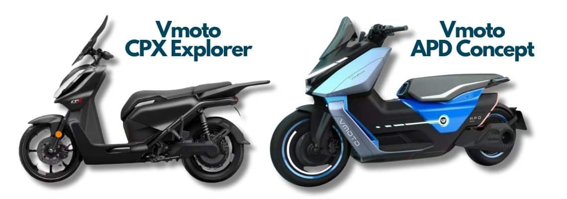 Comparatif du design du Vmoto CPX Eplorer avec le concept Vmoto APD, tous deux exposés à l'EICMA 2023 à Milan