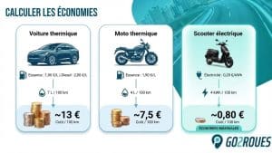 Comparatif du coût d'utilisation pour 100 km entre une voiture thermique, une moto thermique et un scooter électrique.